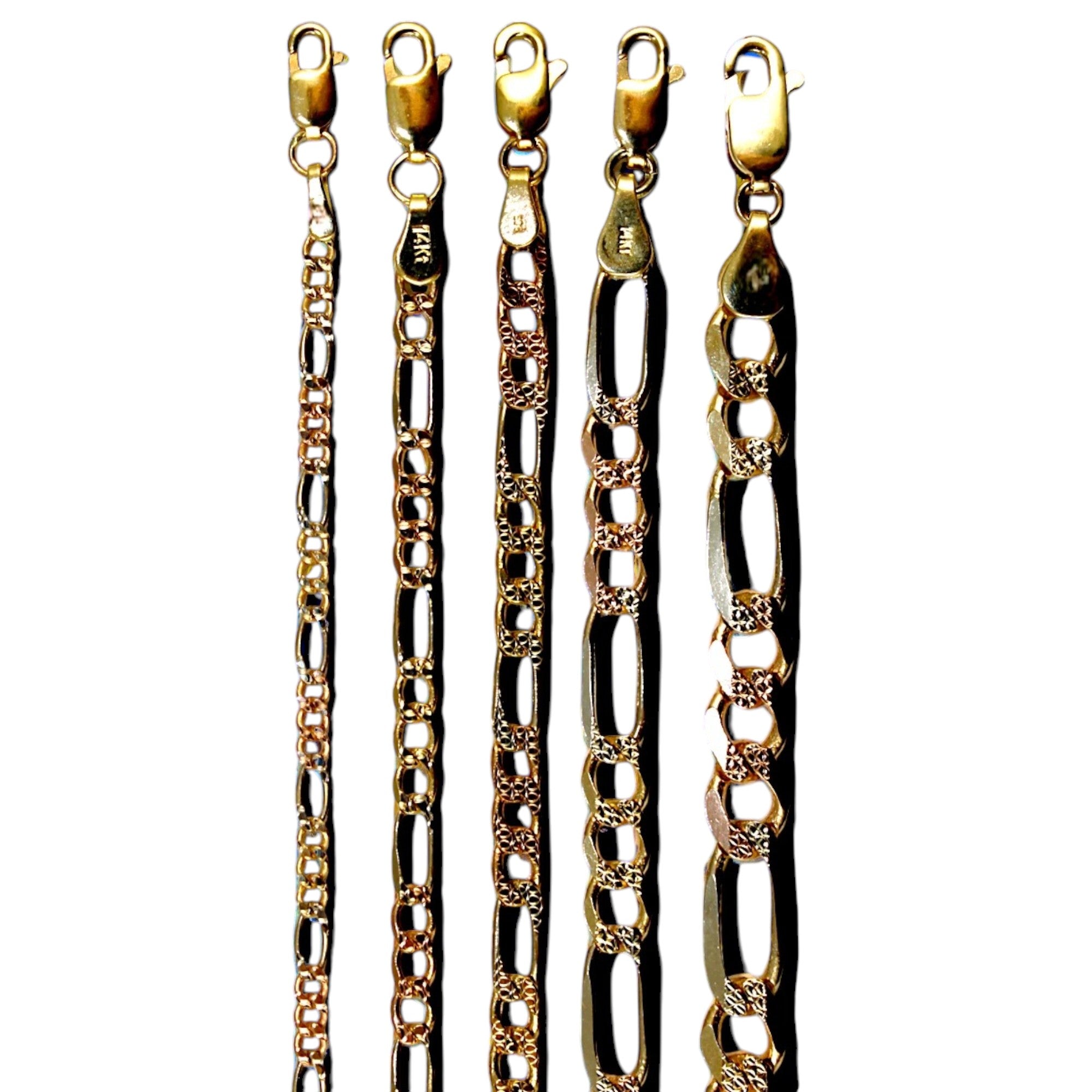 14K Tri Color Gold Figaro Necklace Bracelet Chain Diamond Cut Men Women Jewelry 1.2g | 2.5mm | 7 Inches | MADE IN ITALY