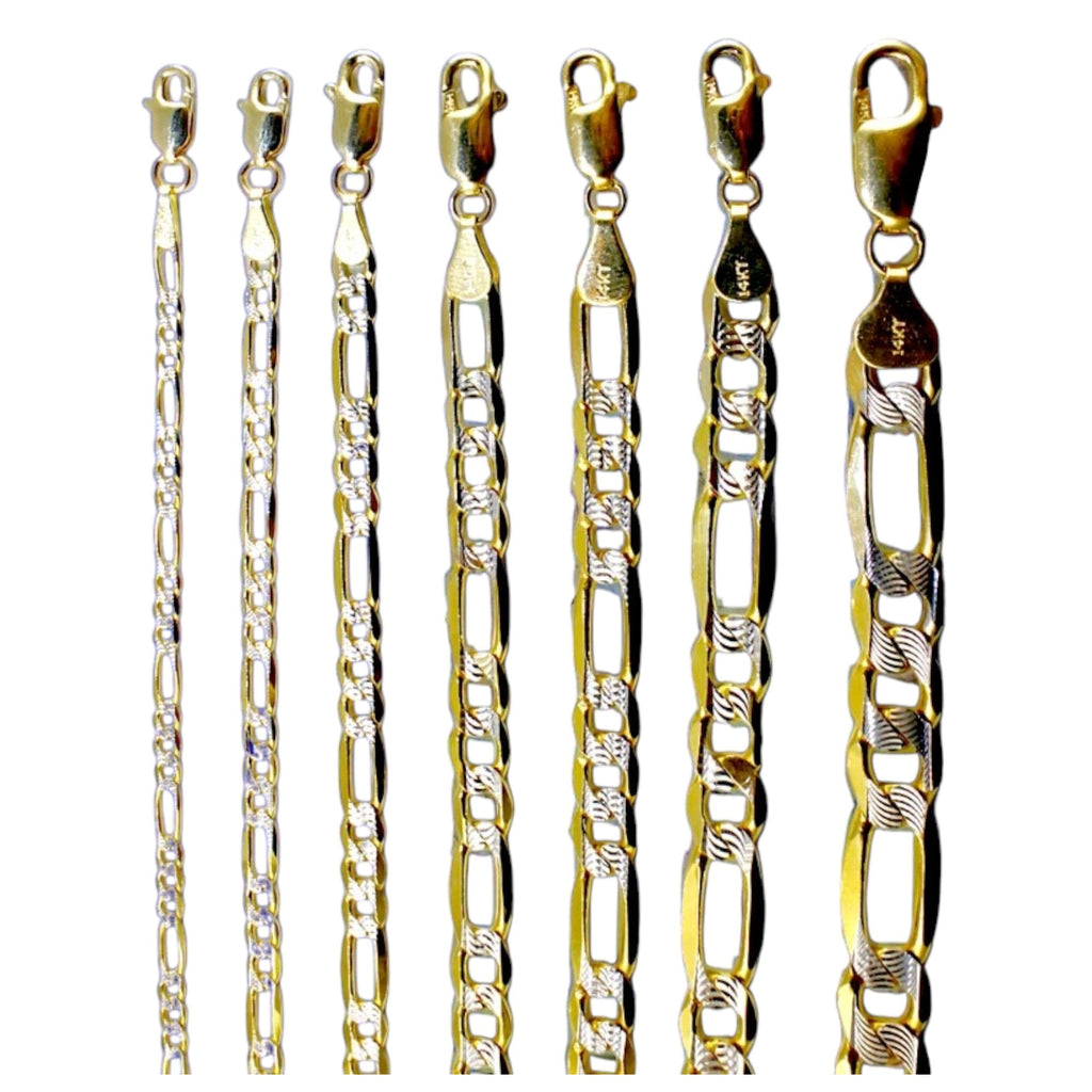 14K Yellow Gold Figaro Pave Necklace Bracelet Chain Italian Real Men Women Jewelry 1.1g | 2.5mm | 7 Inches | MADE IN ITALY