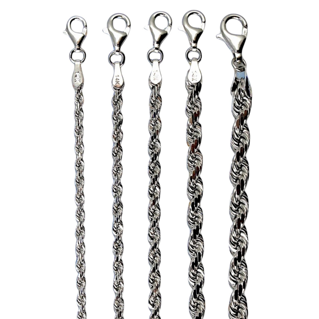 14K White Gold Rope Chain Necklace Bracelet Diamond Cut Real Gold Men Women Jewelry 1.3g | 2mm | 7 Inches | MADE IN ITALY