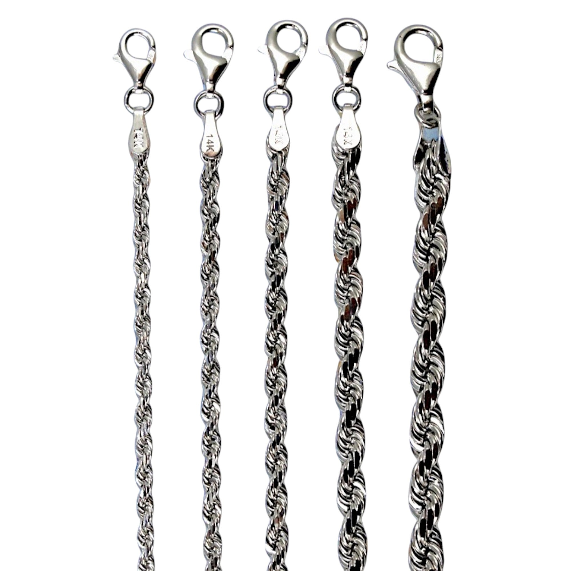 14K White Gold Rope Chain Necklace Bracelet Diamond Cut Real Gold Men Women Jewelry 1.3g | 2mm | 7 Inches | MADE IN ITALY