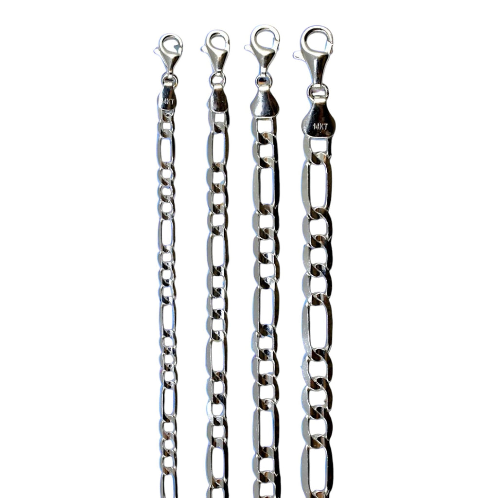 14K White Gold Figaro Chain Necklace Bracelet Link Real Gold Men Women Jewelry 0.8g | 2mm | 7 Inches | MADE IN ITALY