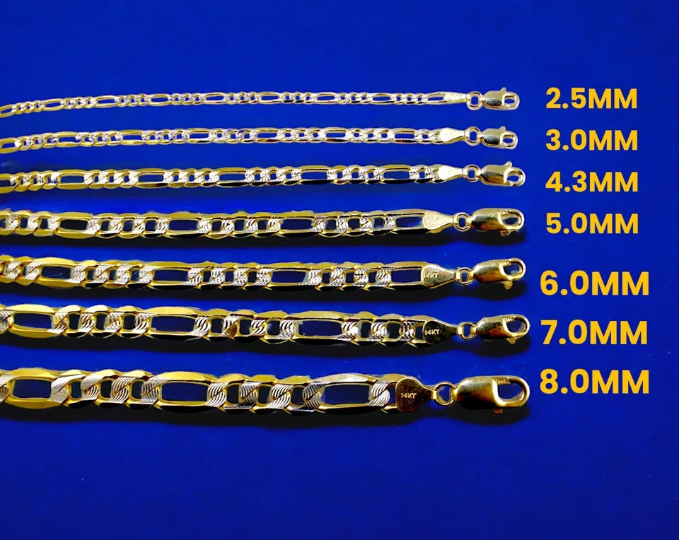 14K Yellow Gold Figaro Pave Necklace Bracelet Chain Italian Real Men Women Jewelry 1.1g | 2.5mm | 7 Inches | MADE IN ITALY