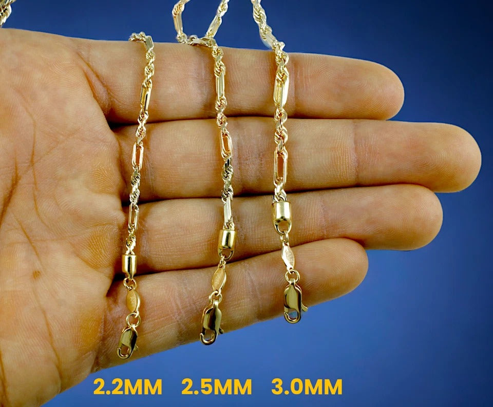 14K Tri Color Gold SOLID Figaro Rope Milano Necklace Bracelet Chain Men Women Jewelry 4g | 2mm | 7 Inches | MADE IN ITALY
