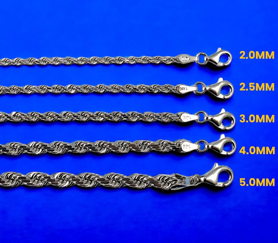 14K White Gold Rope Chain Necklace Bracelet Diamond Cut Real Gold Men Women Jewelry 1.3g | 2mm | 7 Inches | MADE IN ITALY