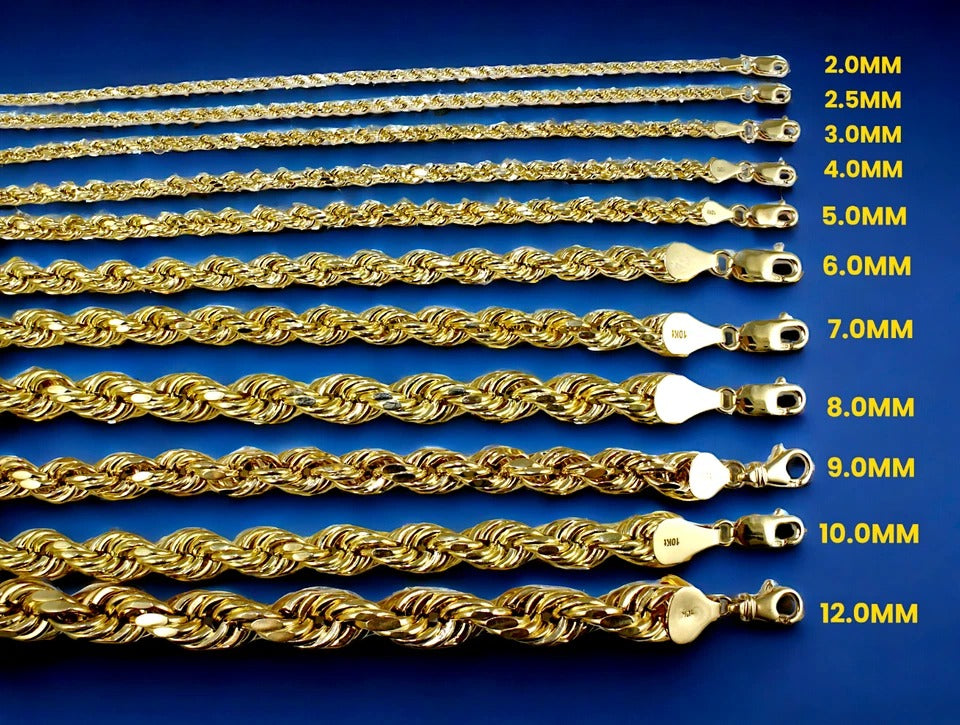 10K Yellow Gold Rope Necklace Bracelet Chain Diamond Cut Men Women Jewelry 1.3g | 2mm | 7 Inches | MADE IN ITALY