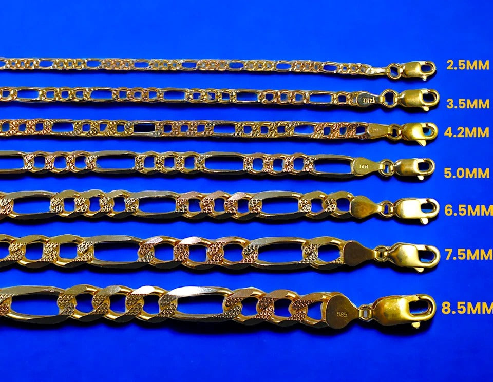 14K Tri Color Gold SOLID Figaro Necklace Bracelet Chain D/C Men Women Jewelry 1.7g | 2.5mm | 7 Inches | MADE IN ITALY