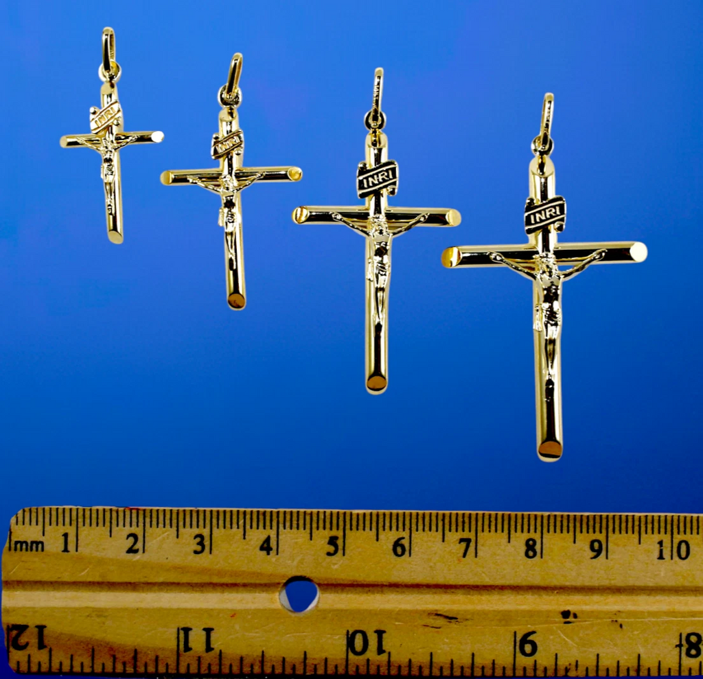 10K Yellow Gold SOLID INRI Jesus Cross Crucifix Pendant Charm Shiny Men Women 1g | 30mm x 15mm Inches | MADE IN ITALY