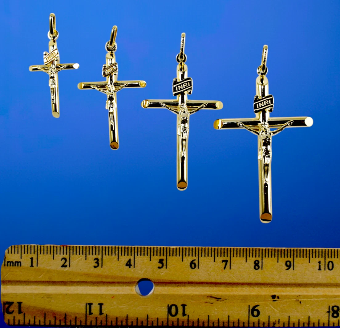 10K Yellow Gold SOLID INRI Jesus Cross Crucifix Pendant Charm Shiny Men Women 1g | 30mm x 15mm Inches | MADE IN ITALY