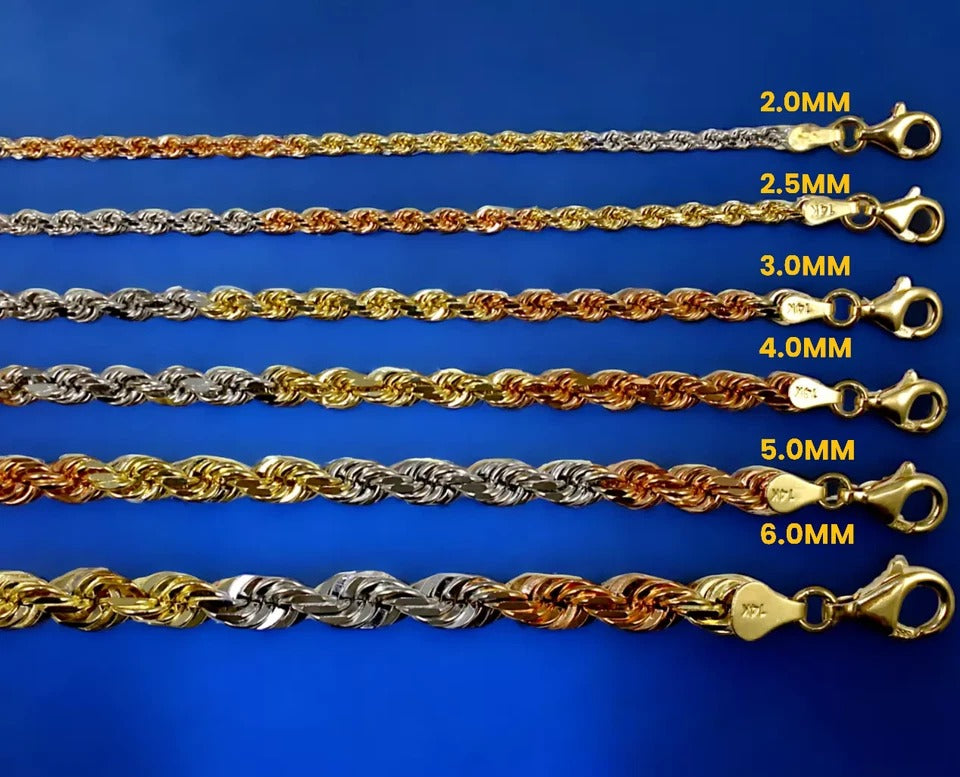 14K Tri Color Gold SOLID Rope Chain Bracelet Diamond Cut Real Gold Men Women Jewelry 2.8g | 2mm | 7 Inches | MADE IN ITALY