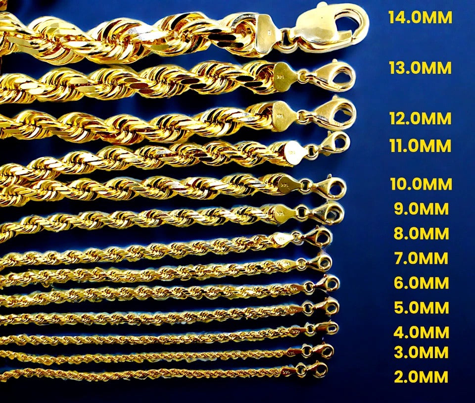 14K Yellow Gold Rope Chain Necklace Bracelet Diamond Cut Men Women Jewelry 1.5g | 2mm | 7 Inches | MADE IN ITALY