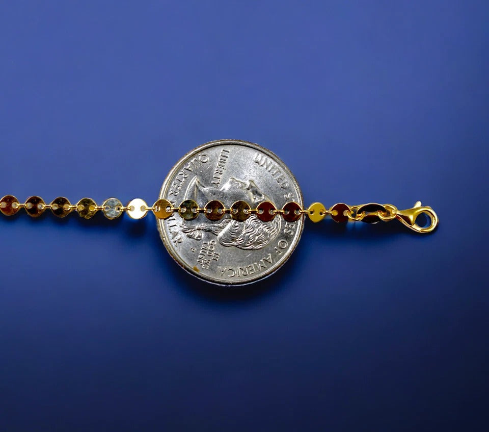 14K Yellow Gold Solid Round Flat Sequin Disk Necklace Bracelet Chain Men Women Jewelry 1.6g | 3.5mm | 7 Inches | MADE IN ITALY