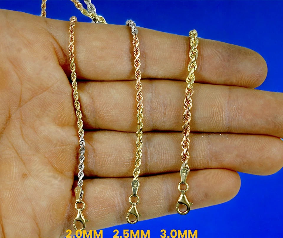 14K Tri Color Gold SOLID Rope Chain Bracelet Diamond Cut Real Gold Men Women Jewelry 2.8g | 2mm | 7 Inches | MADE IN ITALY