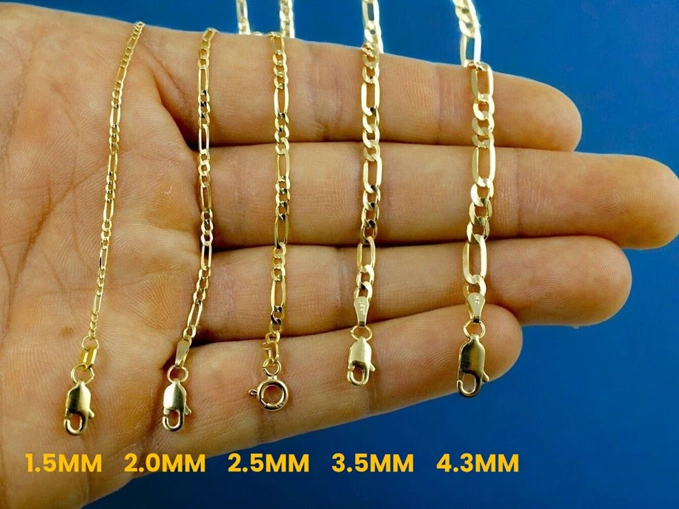14K Yellow Gold SOLID Figaro Necklace Chain Bracelet Men Women Jewelry 1.2g | 1.5mm | 7 Inches | MADE IN ITALY