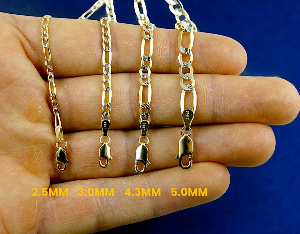 14K Yellow Gold Figaro Pave Necklace Bracelet Chain Italian Real Men Women Jewelry 1.1g | 2.5mm | 7 Inches | MADE IN ITALY