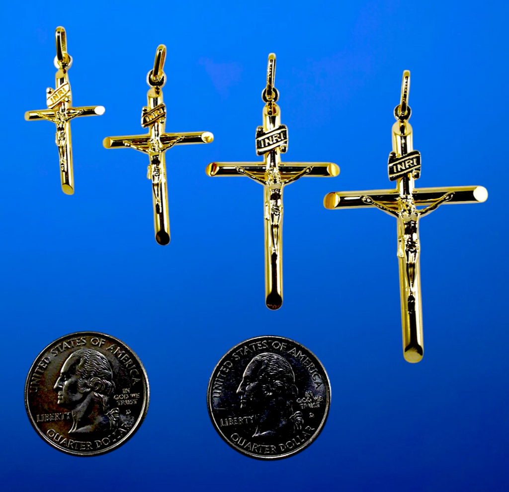14K Yellow Gold SOLID INRI Jesus Cross Crucifix Pendant Charm Shiny Men Women 1.7g | 35mm x 18mm Inches | MADE IN ITALY