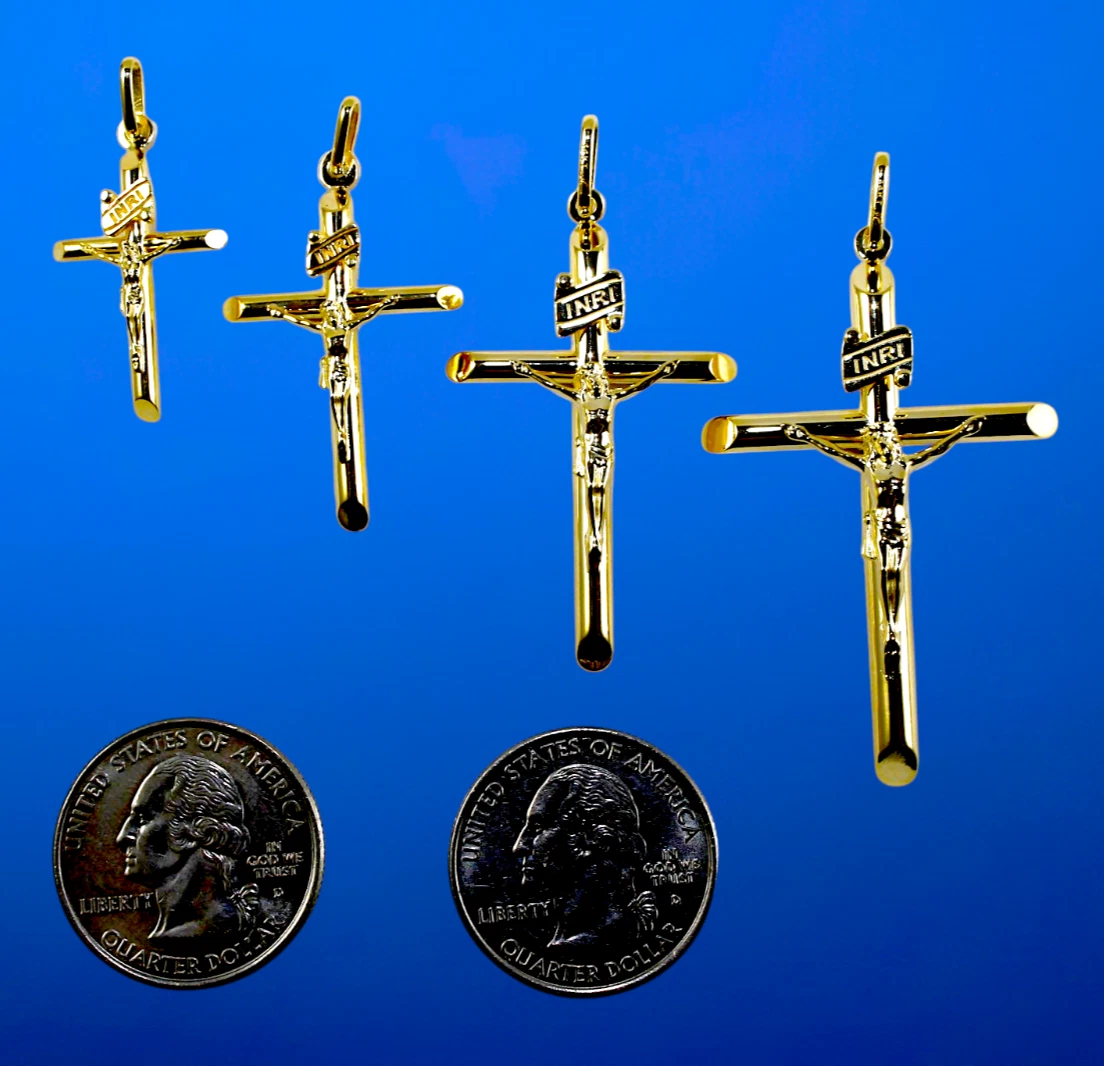 14K Yellow Gold SOLID INRI Jesus Cross Crucifix Pendant Charm Shiny Men Women 1.7g | 35mm x 18mm Inches | MADE IN ITALY