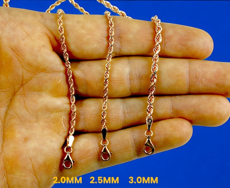 10K Rose Gold Rope Chain Necklace Bracelet Diamond Cut Real Gold Men Women Jewelry 1.3g | 2mm | 7 Inches | MADE IN ITALY