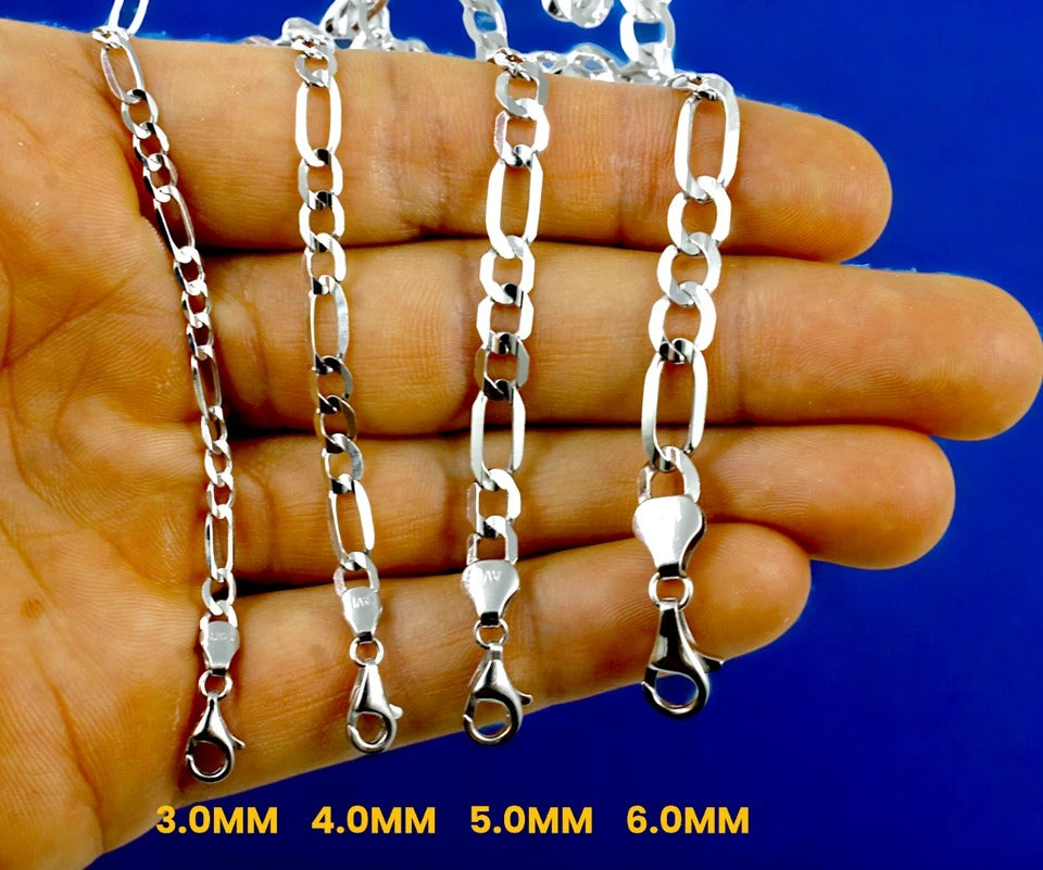 14K White Gold Figaro Chain Necklace Bracelet Link Real Gold Men Women Jewelry 0.8g | 2mm | 7 Inches | MADE IN ITALY