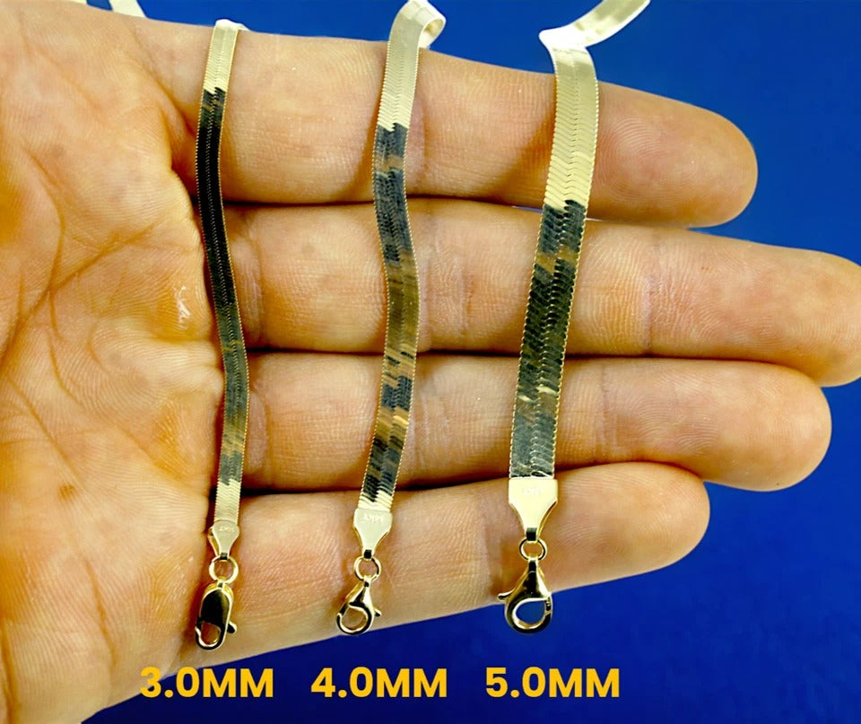 14K Yellow Gold 3mm-5mm Herringbone Flat Silky Necklace Bracelet Real Men Women Jewelry 2.2g | 3mm | 7 Inches | MADE IN ITALY
