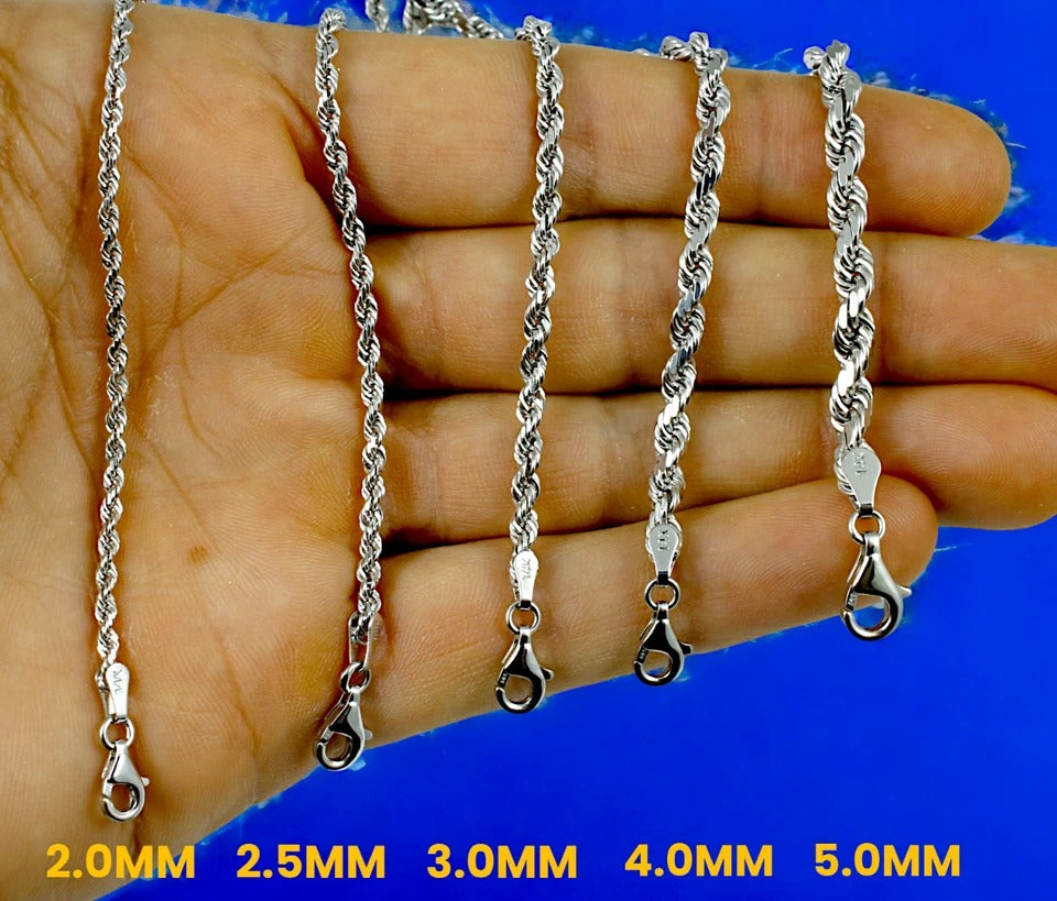 14K White Gold SOLID Rope Necklace Bracelet Chain Diamond Cut Men Women Jewelry 1.7g | 1.5mm | 7 Inches | MADE IN ITALY