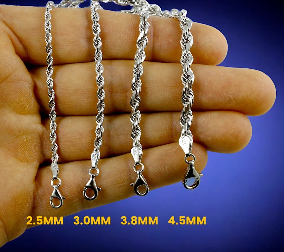 10K White Gold SOLID Rope Necklace Bracelet Chain Diamond Cut Real Men Women Jewelry 1.5g | 1.5mm | 7 Inches | MADE IN ITALY