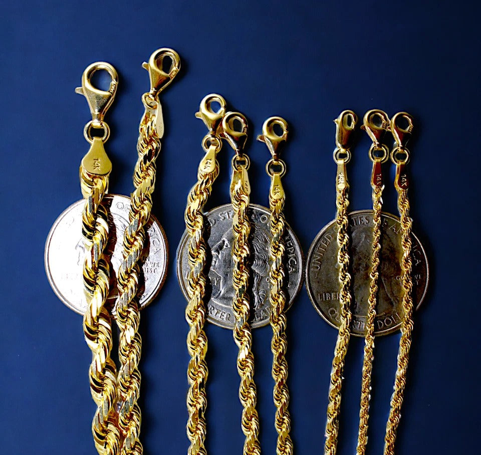 14K Yellow Gold Rope Chain Necklace Bracelet Diamond Cut Men Women Jewelry 1.5g | 2mm | 7 Inches | MADE IN ITALY