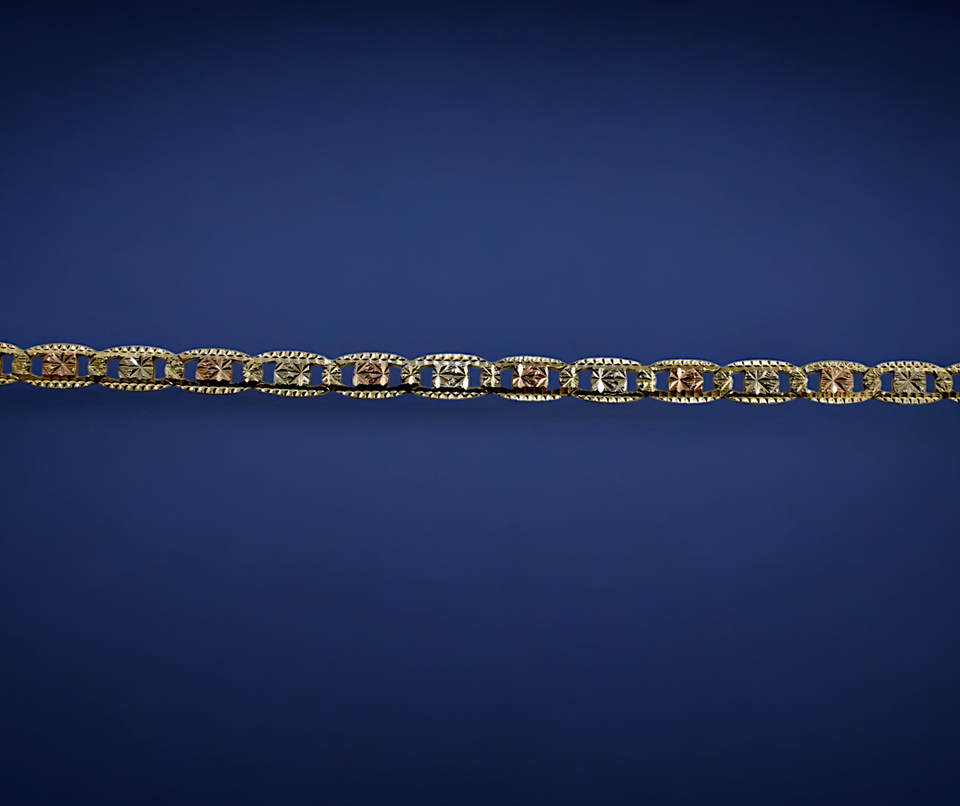 14K Tri Color Gold SOLID Valentino Mariner Anchor Bracelet Chain D/C Men Women Jewelry 1.4g | 2mm | 7 Inches | MADE IN ITALY
