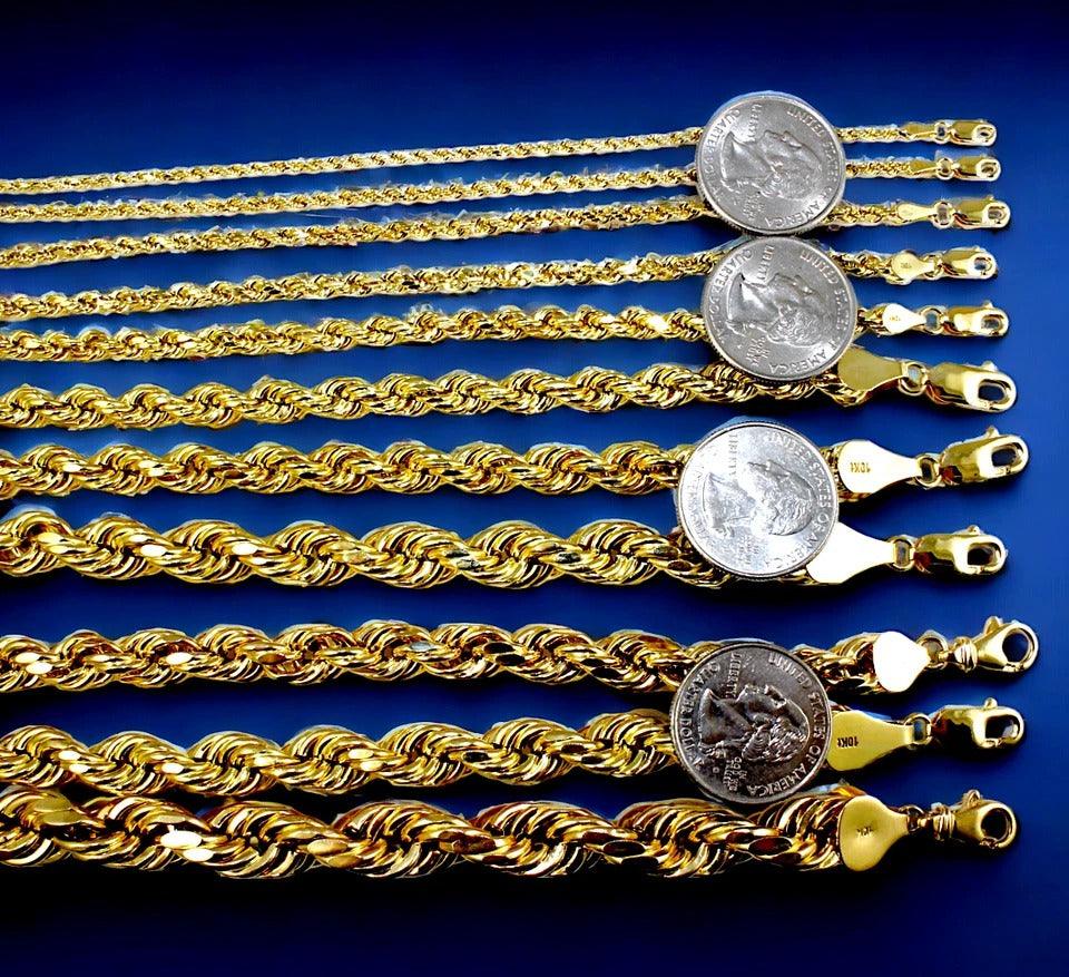 10K Yellow Gold Rope Necklace Bracelet Chain Diamond Cut Men Women Jewelry 1.3g | 2mm | 7 Inches | MADE IN ITALY