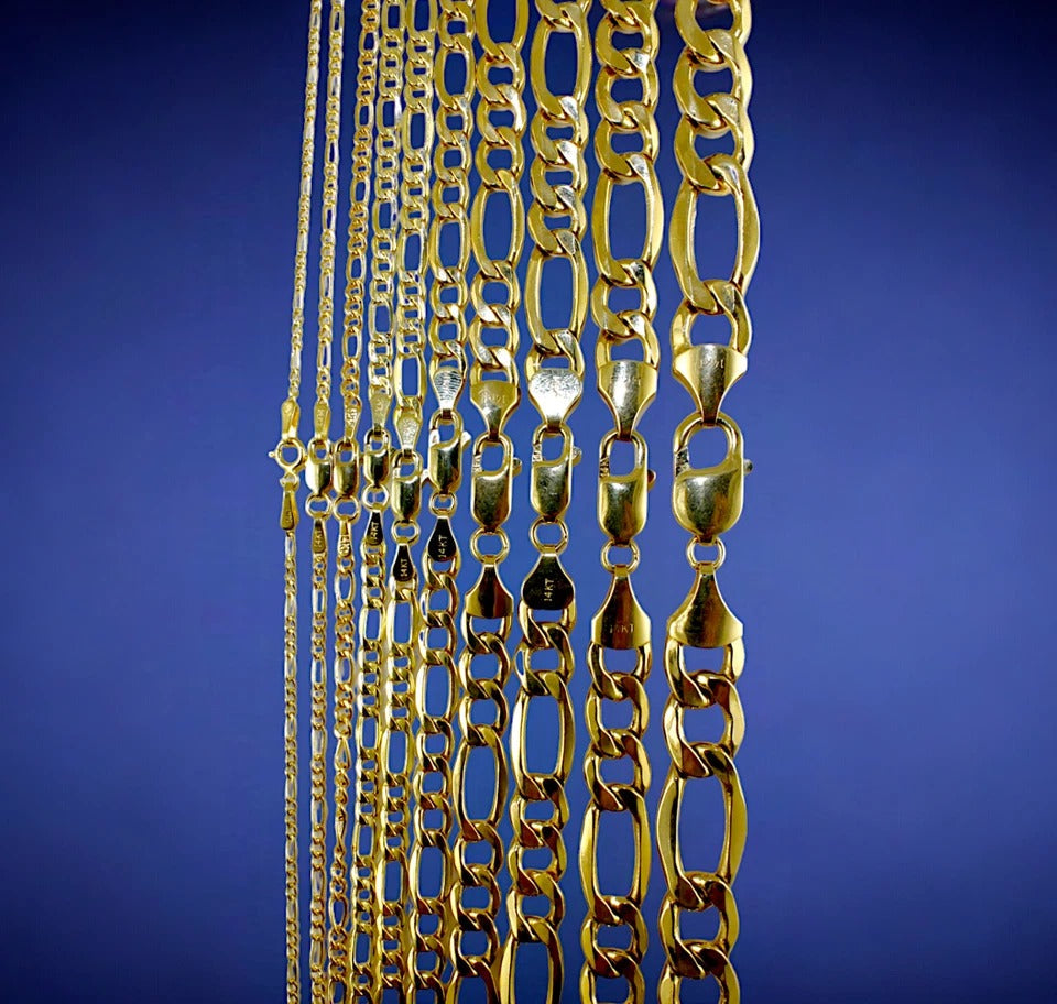 14K Yellow Gold Figaro Necklace Bracelet Chain Italian Men Women Jewelry 0.8g | 1.5mm | 7 Inches | MADE IN ITALY