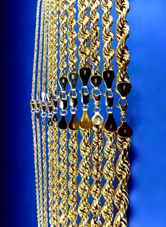 10K Yellow Gold Rope Necklace Bracelet Chain Diamond Cut Men Women Jewelry 1.3g | 2mm | 7 Inches | MADE IN ITALY