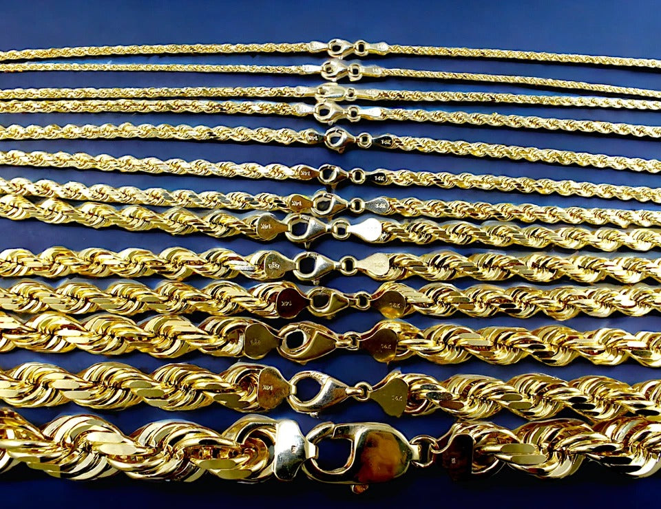 14K Yellow Gold Rope Chain Necklace Bracelet Diamond Cut Men Women Jewelry 1.5g | 2mm | 7 Inches | MADE IN ITALY
