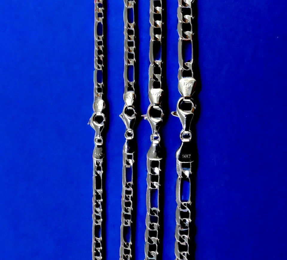 14K White Gold Figaro Chain Necklace Bracelet Link Real Gold Men Women Jewelry 0.8g | 2mm | 7 Inches | MADE IN ITALY