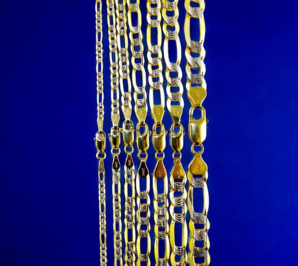 14K Yellow Gold Figaro Pave Necklace Bracelet Chain Italian Real Men Women Jewelry 1.1g | 2.5mm | 7 Inches | MADE IN ITALY