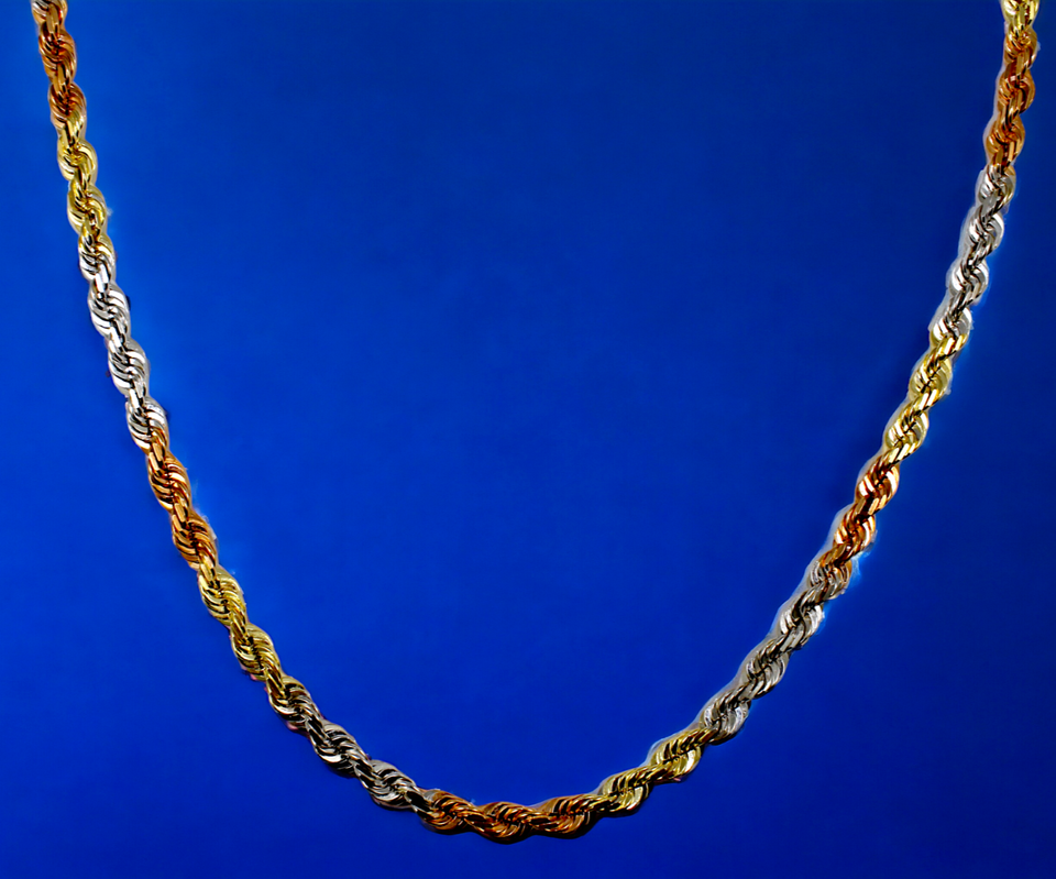 14K Tri Color Gold SOLID Rope Chain Bracelet Diamond Cut Real Gold Men Women Jewelry 2.8g | 2mm | 7 Inches | MADE IN ITALY