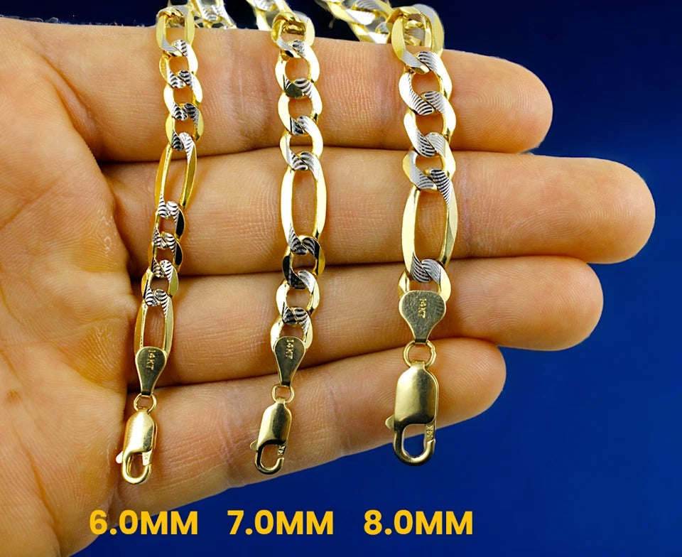 14K Yellow Gold Figaro Pave Necklace Bracelet Chain Italian Real Men Women Jewelry 1.1g | 2.5mm | 7 Inches | MADE IN ITALY