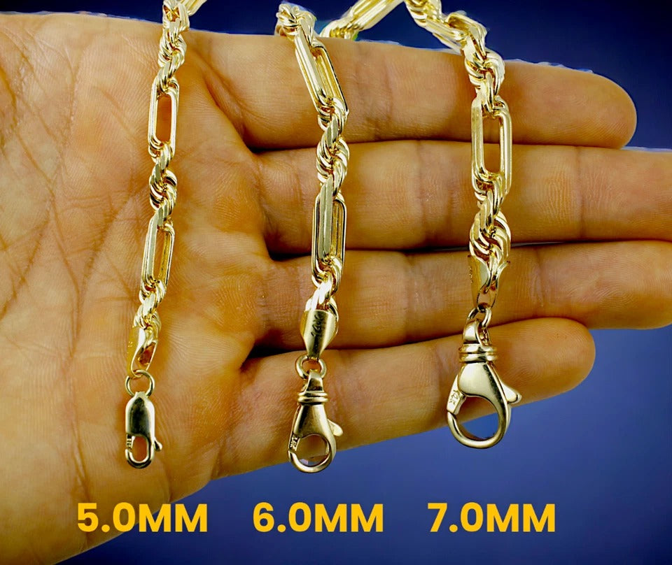 14K Yellow Gold SOLID Milano Figaro Rope Necklace Bracelet Chain Men Women Jewelry 3.4g | 2.5mm | 7 Inches | MADE IN ITALY