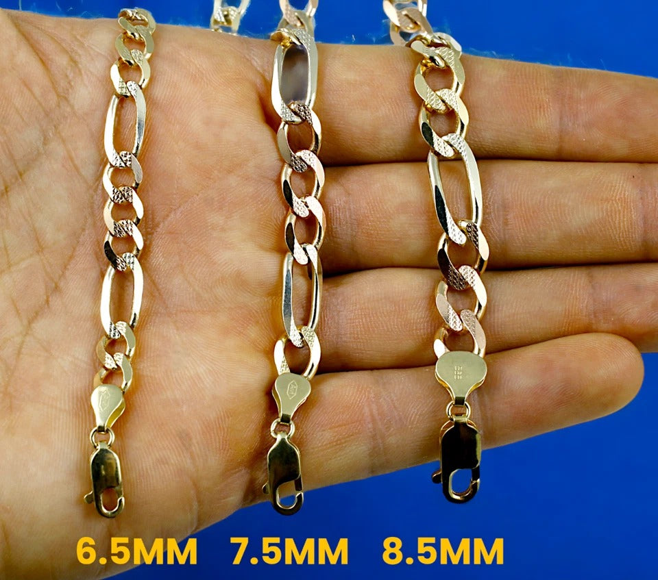14K Tri Color Gold SOLID Figaro Necklace Bracelet Chain D/C Men Women Jewelry 1.7g | 2.5mm | 7 Inches | MADE IN ITALY
