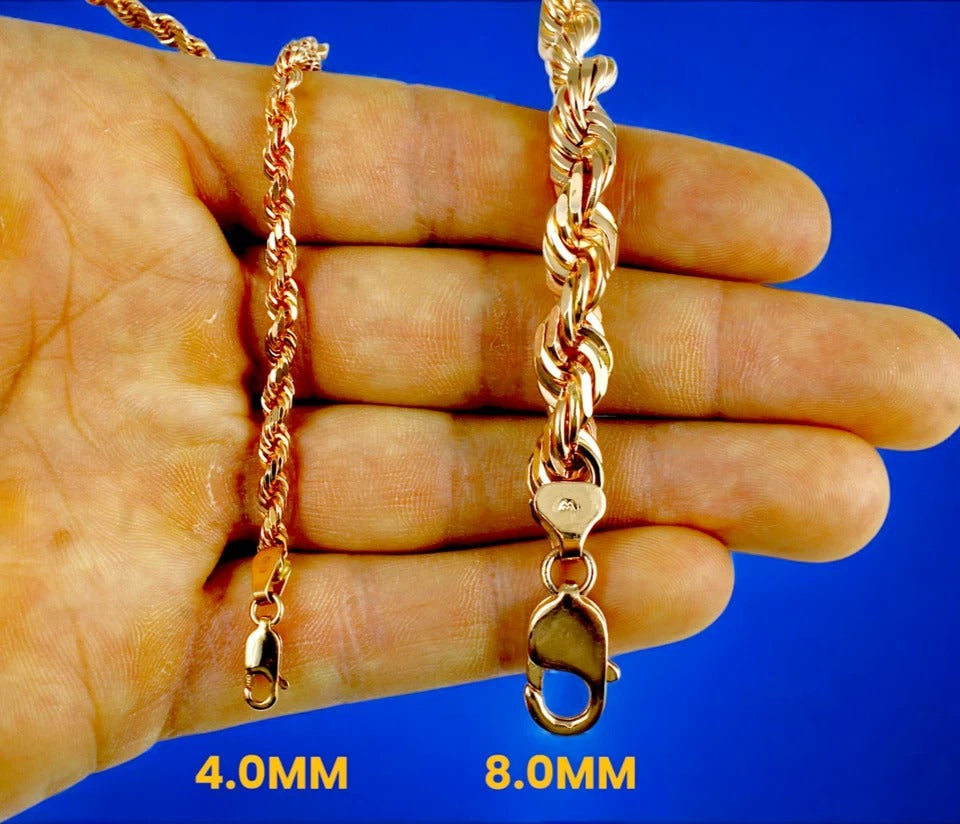 14K Rose Gold Rope Chain Necklace Bracelet Diamond Cut Real Gold Men Women Jewelry 1.3g | 2mm | 7 Inches | MADE IN ITALY