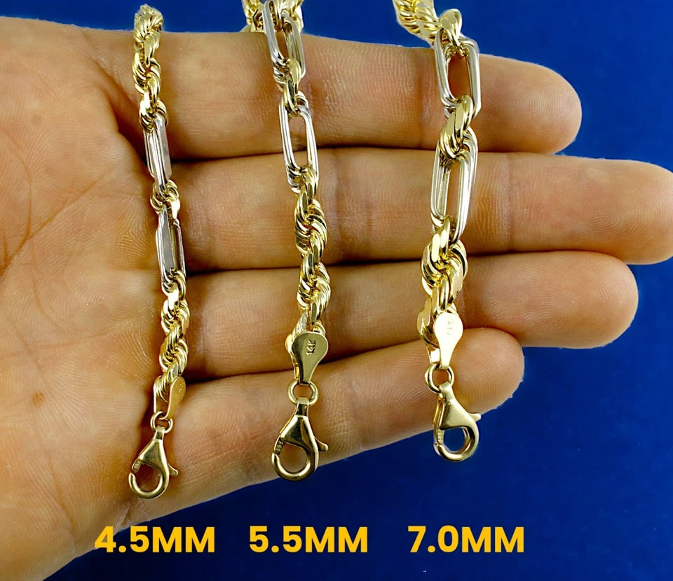 14K Two Tone Gold SOLID Milano Figaro Rope Necklace Bracelet Chain Men Women Jewelry 7.1g | 3mm | 7 Inches | MADE IN ITALY