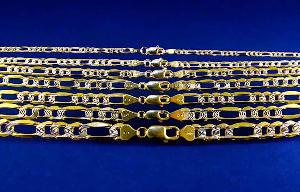 14K Yellow Gold Figaro Pave Necklace Bracelet Chain Italian Real Men Women Jewelry 1.1g | 2.5mm | 7 Inches | MADE IN ITALY