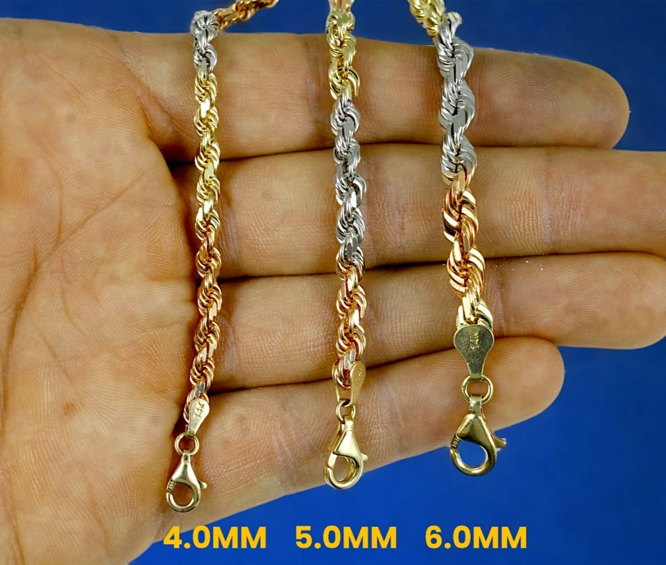 14K Tri Color Gold SOLID Rope Chain Bracelet Diamond Cut Real Gold Men Women Jewelry 2.8g | 2mm | 7 Inches | MADE IN ITALY